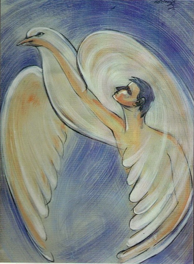 Picture15 - The Canada Times Artistic painting of a person with large white wings, raising an arm as if in flight, against a blue circular background.