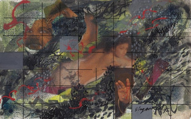Picture27 - The Canada Times Abstract painting featuring two partially visible figures with bare shoulders, overlaid by a black grid and red brushstrokes.