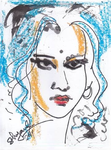 Stylized sketch of a woman's face with blue hair, orange highlights, and red lips.