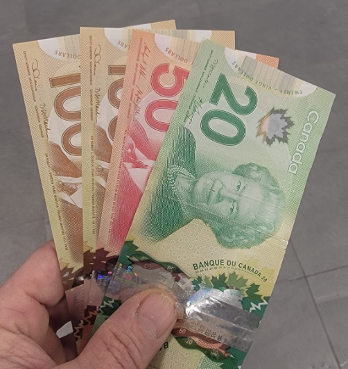 Picture7 - The Canada Times A hand holds and fans several Canadian banknotes: a prominent green note at the front followed by a pink/red note and brownish note, with other denominations partially visible behind.