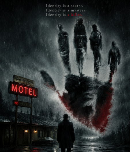 Picture20 - The Canada Times Dark, rainy motel poster: a man with his back to the viewer stands before a neon sign, as a giant bloody handprint looms overhead; tagline hints at a killer identity.