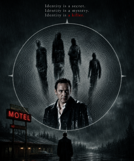 Thriller poster: a man in the rain-facing shadows within a circular fingerprint motif above a motel sign.