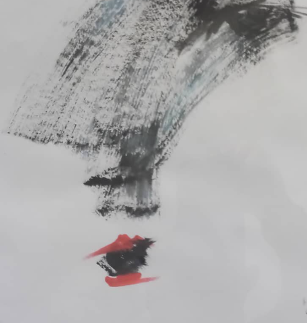 Picture24 - The Canada Times Abstract painting with bold black brushstrokes and a red lip print on a pale background.