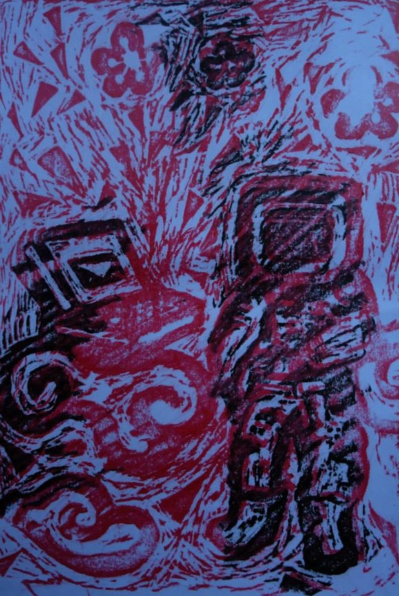 Picture25 - The Canada Times Abstract red-and-blue illustration of an astronaut in a spacesuit beside a vintage car amid swirling patterns and shapes, conveying a space-age motif with motion.