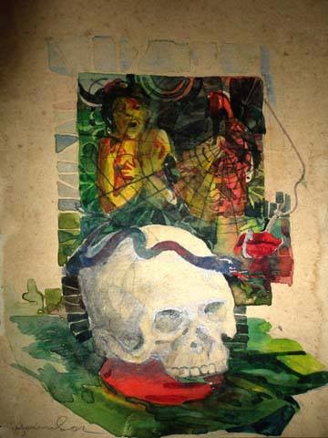 Picture29 - The Canada Times Colorful painting showing a white skull on a red cushion among green foliage, with a vibrant abstract collage of two figures in the background.