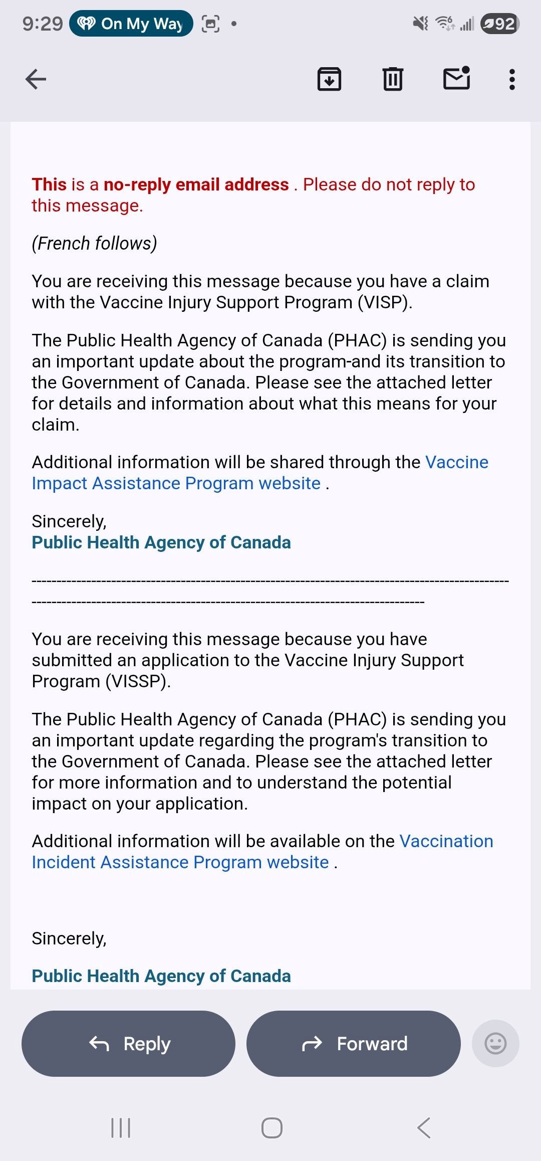 12 - The Canada Times No‑reply email from the Public Health Agency of Canada about the Vaccine Injury Support Program (VIISP) with update details and related links.