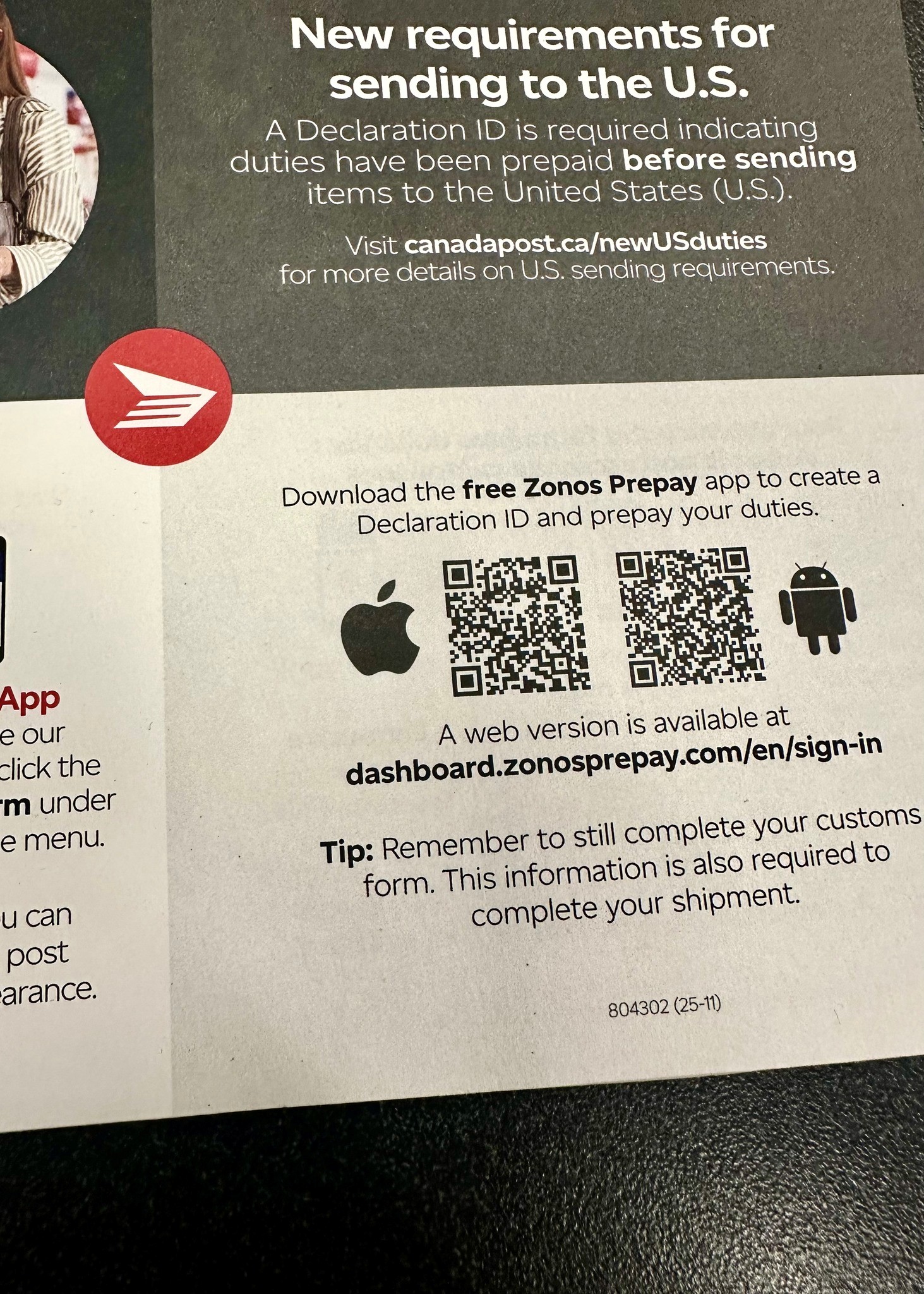 13 - The Canada Times Informational poster about new U.S. sending requirements, with website link and two QR codes for the Zonos Prepay app.
