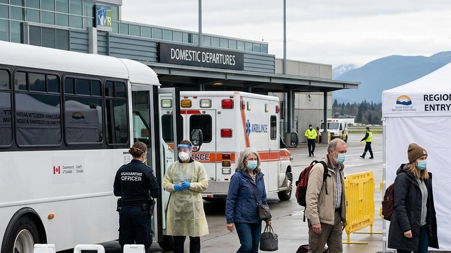 People wearing masks and protective gear outside a domestic departures area near a bus and an ambulance at an airport terminal.