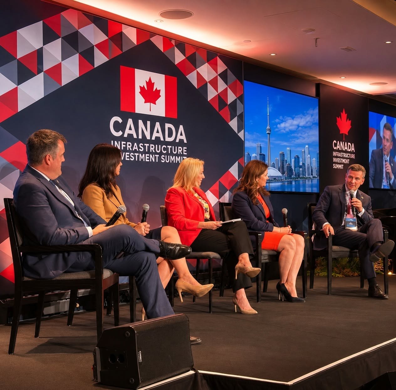 12 - The Canada Times Panel of five professionals seated on a stage during a Canada Infrastructure Investment Summit, with a backdrop featuring a Canadian flag and geometric red/gray pattern and city skyline screens behind them.