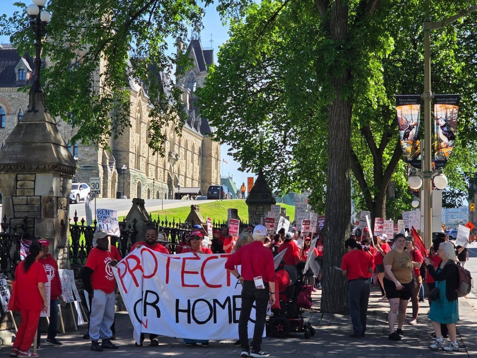 Crowd of protesters in red shirts holding a large banner that reads 'PROTECT HOMES' on a city street with a stone building and leafy trees in the background.