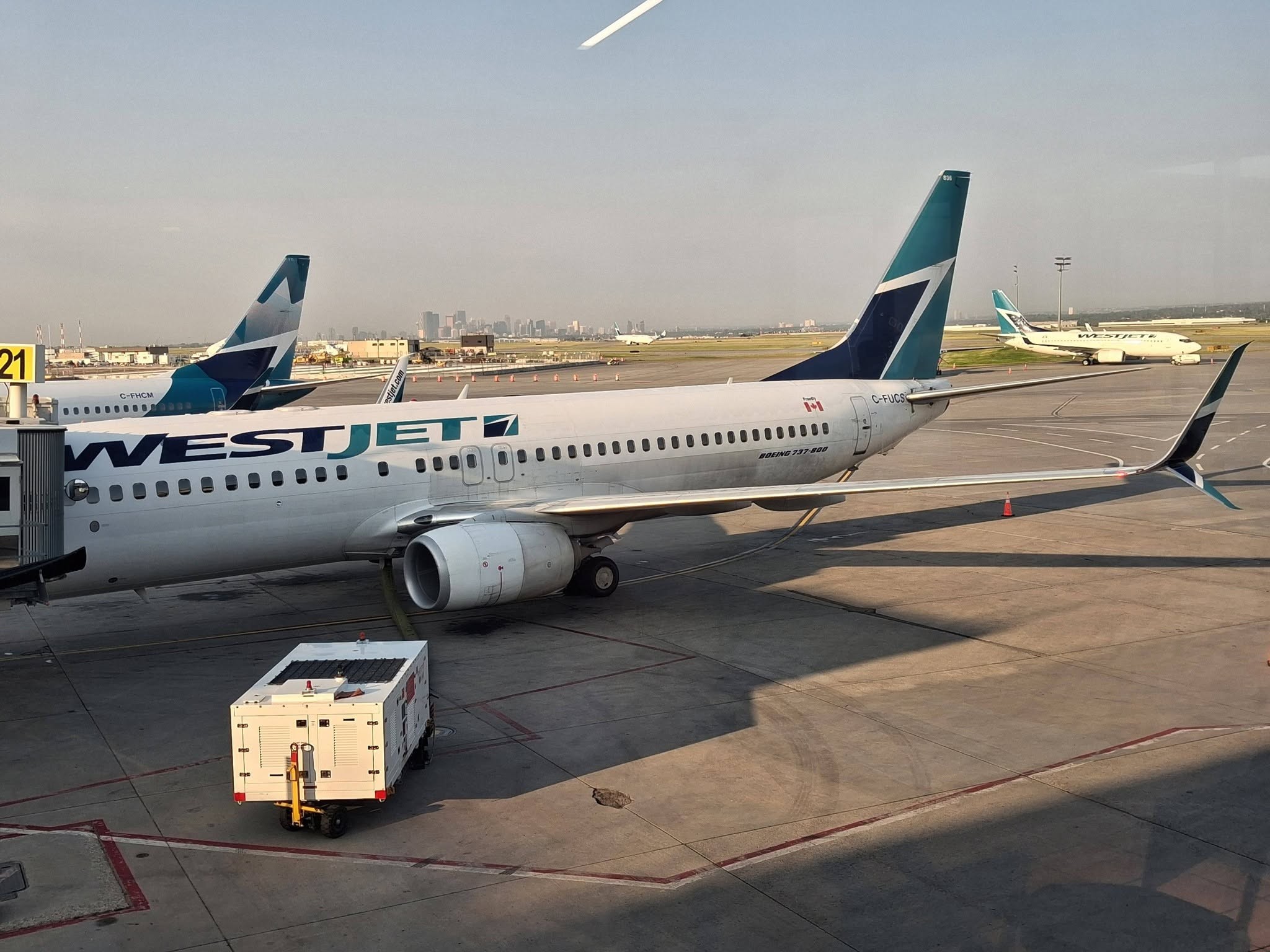 WestJet aircraft at a gate on the tarmac with ground equipment and a distant city skyline in the background.