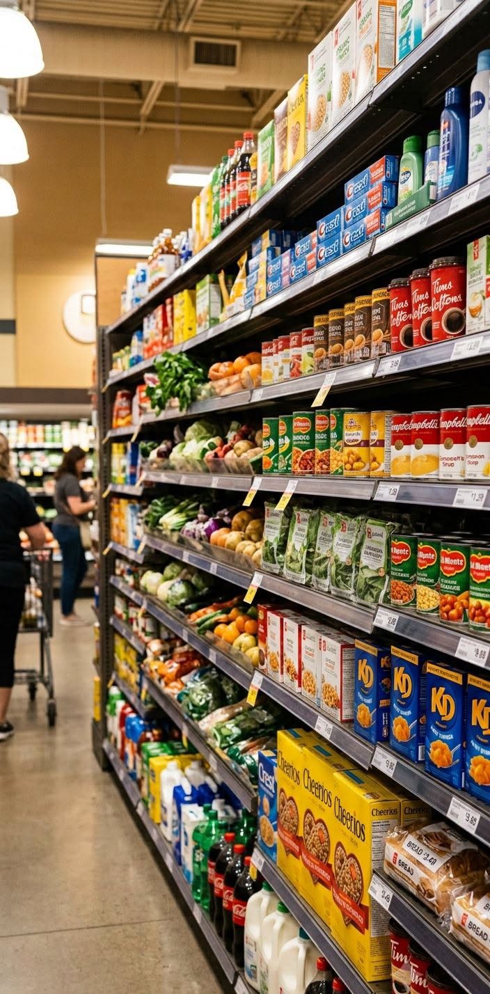 6 - The Canada Times A grocery store aisle with shelves stocked full of canned goods, boxes, and cartons, with shoppers in the background.