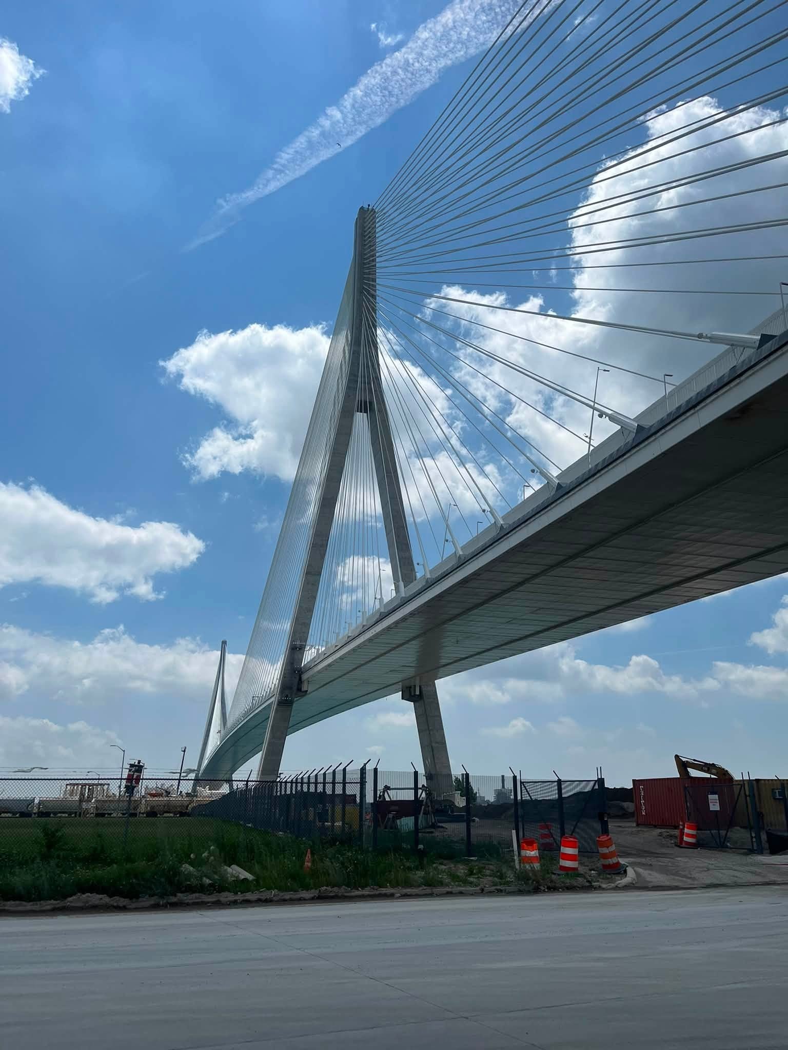 8 - The Canada Times Cable-stayed bridge pylon with many radiating cables against a blue sky